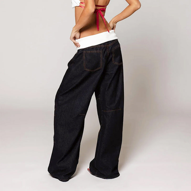 Amelie Fleur Contrast Waist Wide Jeans