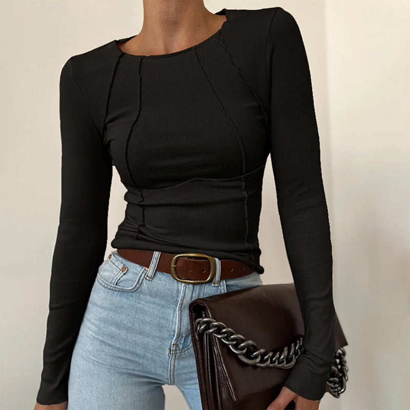 Amelie Fleur Ribbed Top with Exposed Stitching