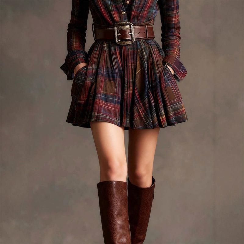 Amelie Fleur Plaid Mini Shirt Dress with Long Sleeves