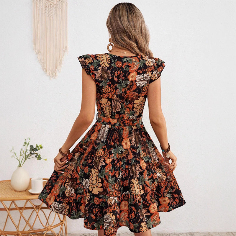 Amelie Fleur Floral Midi Dress with Waist Tie