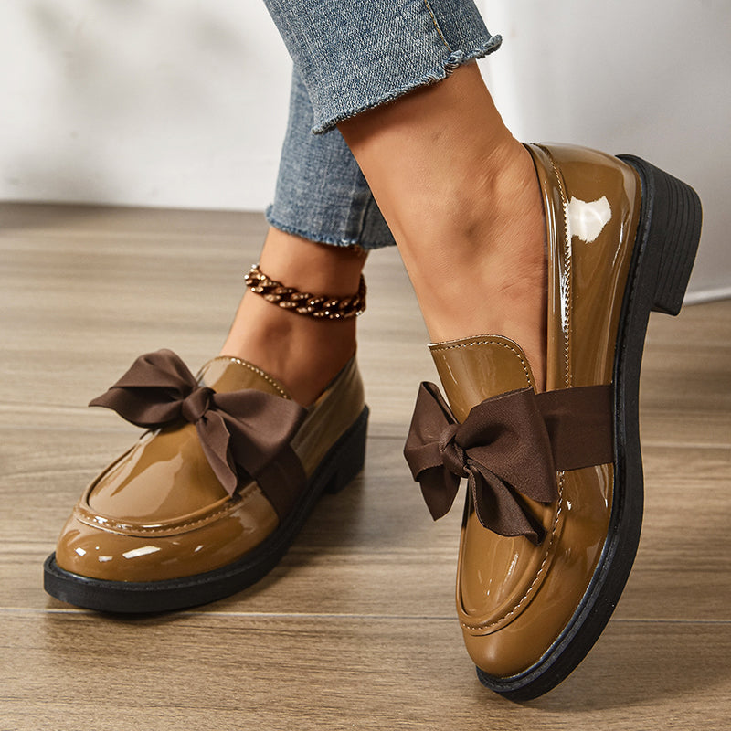 Amelie Fleur Glossy Loafers with Bow Detail
