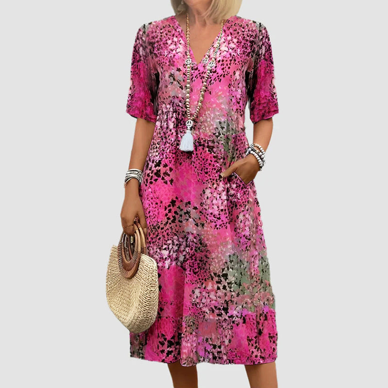 Amelie Fleur Patterned Midi Dress with V-Neck