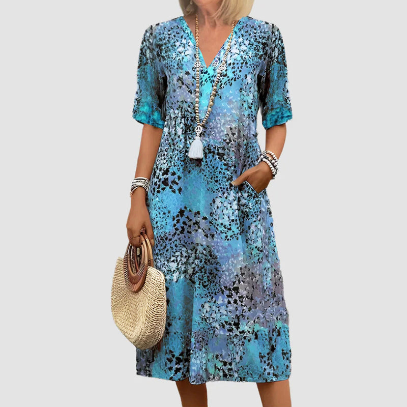Amelie Fleur Patterned Midi Dress with V-Neck