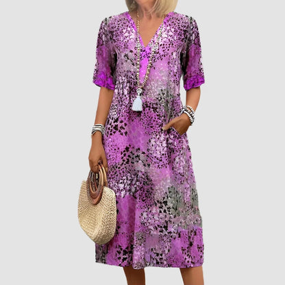 Amelie Fleur Patterned Midi Dress with V-Neck