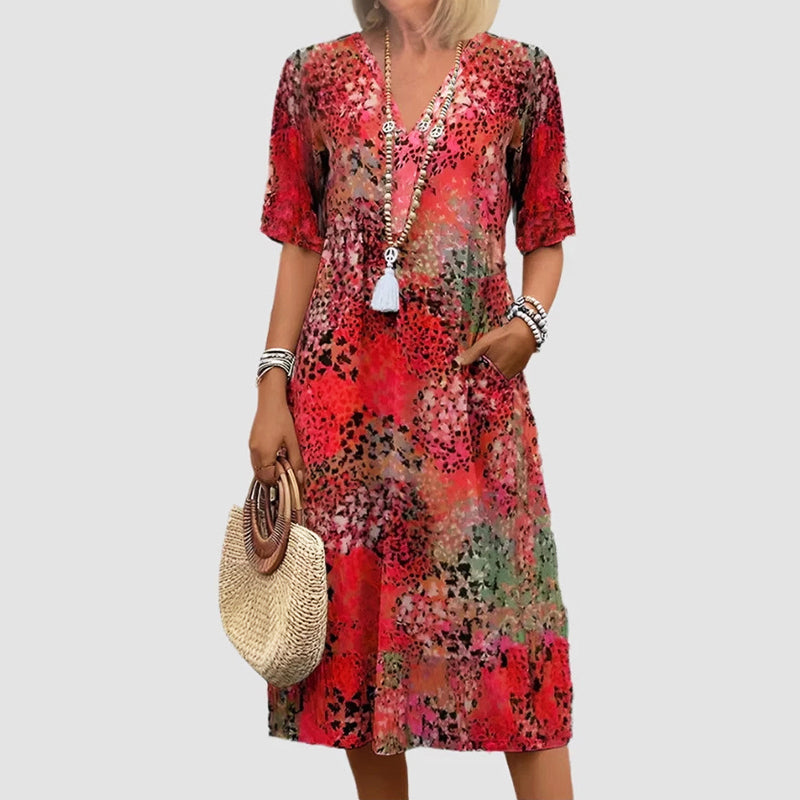 Amelie Fleur Patterned Midi Dress with V-Neck