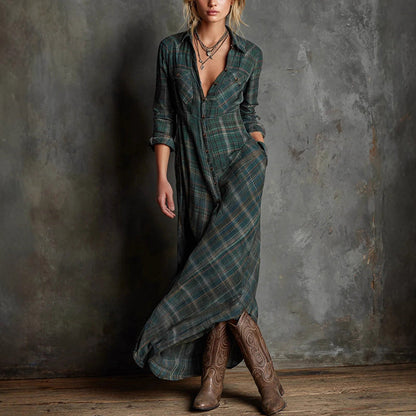 Amelie Fleur Plaid Maxi Dress with Button Front