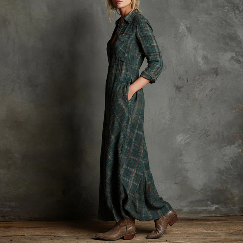 Amelie Fleur Plaid Maxi Dress with Button Front