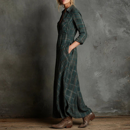 Amelie Fleur Plaid Maxi Dress with Button Front