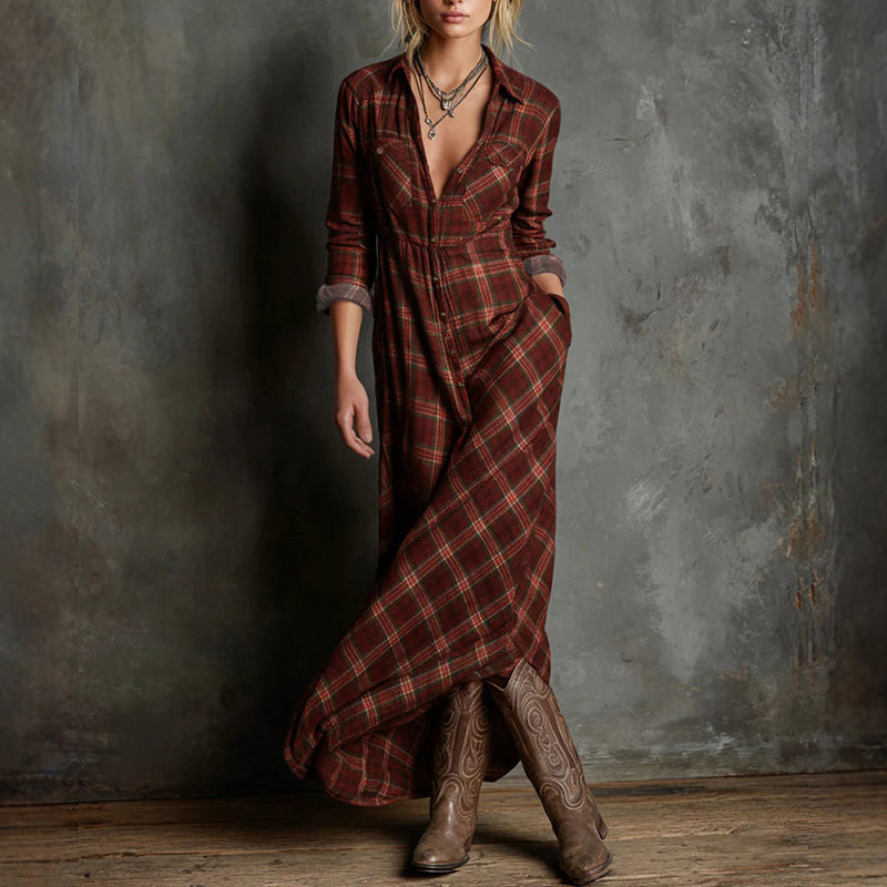 Amelie Fleur Plaid Maxi Dress with Button Front