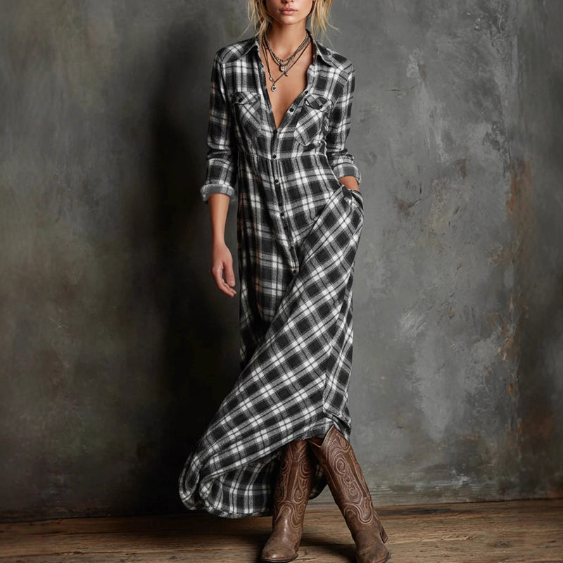 Amelie Fleur Plaid Maxi Dress with Button Front