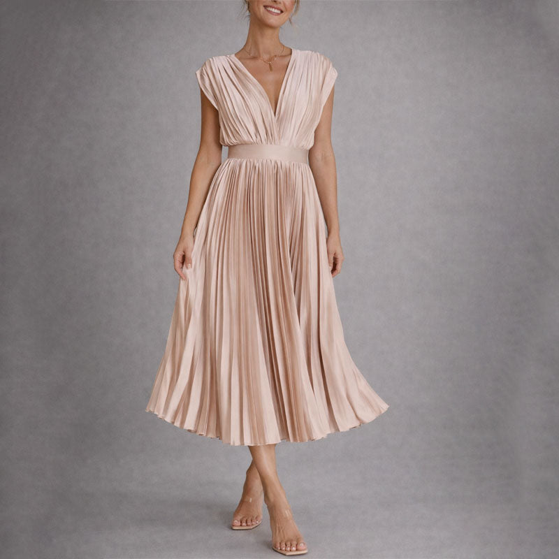 Amelie Fleur Pleated V-Neck Midi Dress