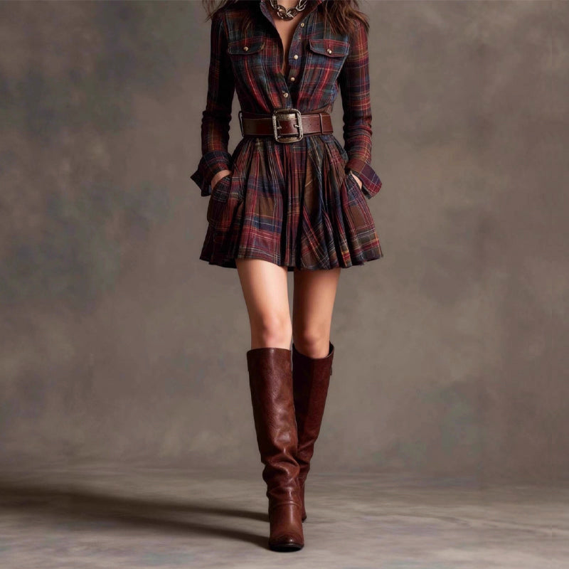 Amelie Fleur Plaid Mini Shirt Dress with Long Sleeves