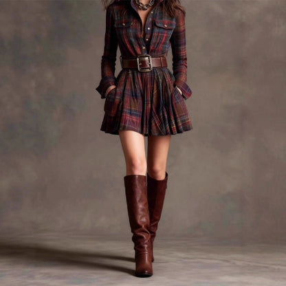 Amelie Fleur Plaid Mini Shirt Dress with Long Sleeves