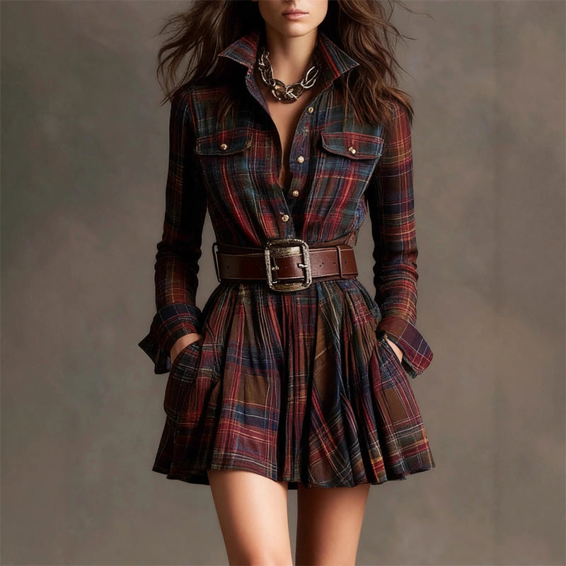 Amelie Fleur Plaid Mini Shirt Dress with Long Sleeves