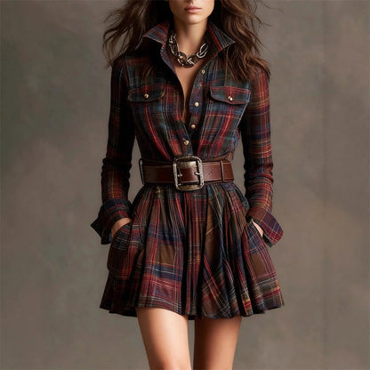 Amelie Fleur Plaid Mini Shirt Dress with Long Sleeves