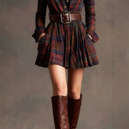 Amelie Fleur Plaid Mini Shirt Dress with Long Sleeves