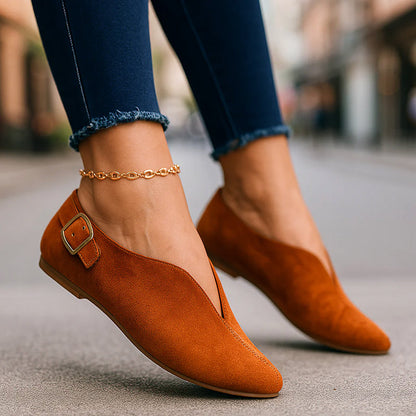 Camille Martin Pointed Suede Flats with Buckle Strap