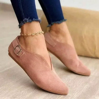 Camille Martin Pointed Suede Flats with Buckle Strap