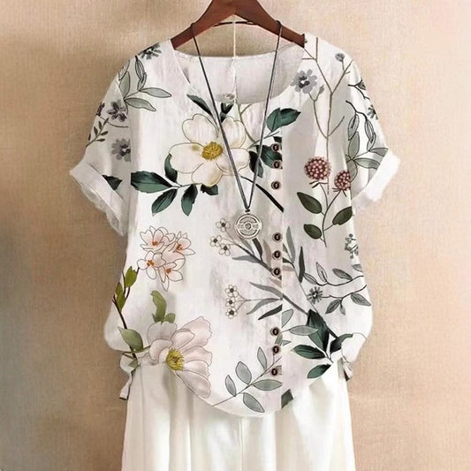 Camille Martin Leaf Print Top with Round Neck