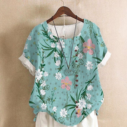 Camille Martin Leaf Print Top with Round Neck