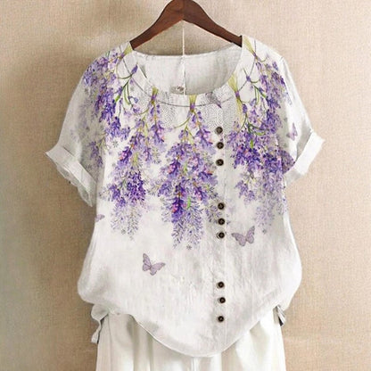 Camille Martin Leaf Print Top with Round Neck