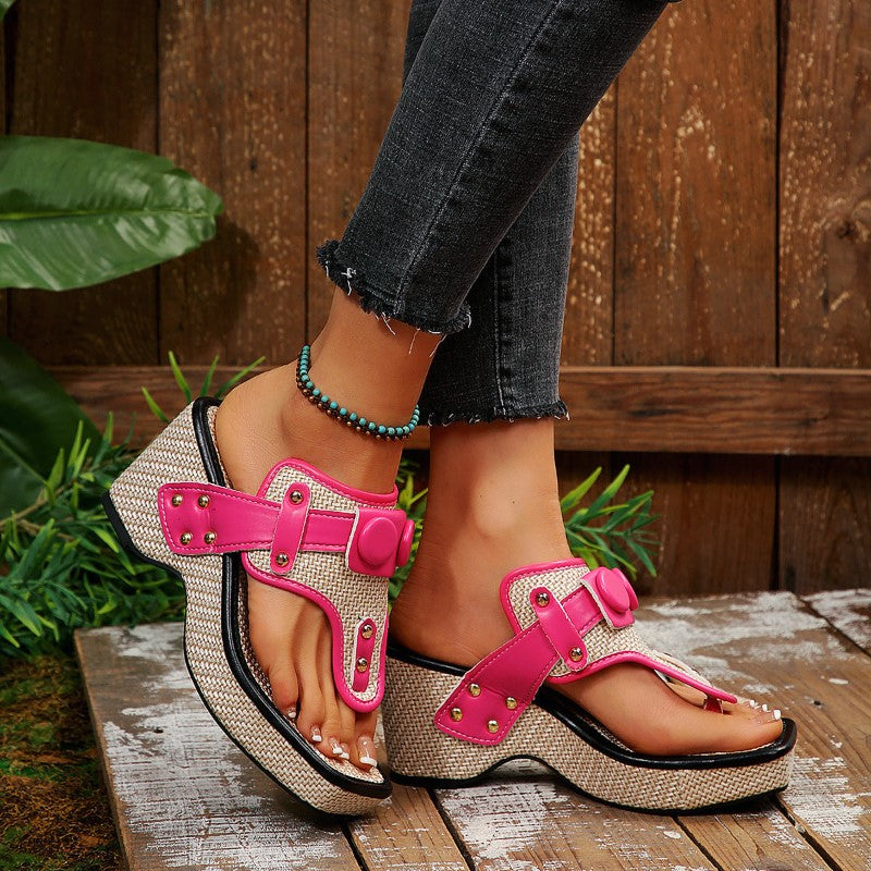 Camille Martin Platform Sandals with Button Accents