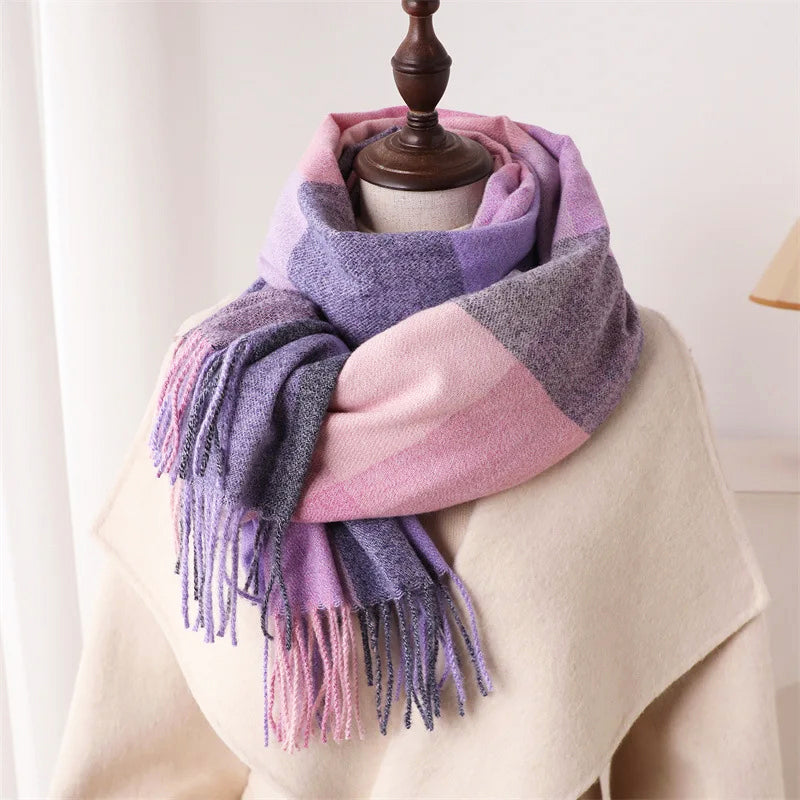 Colorful Plaid Scarf with Fringe Ends