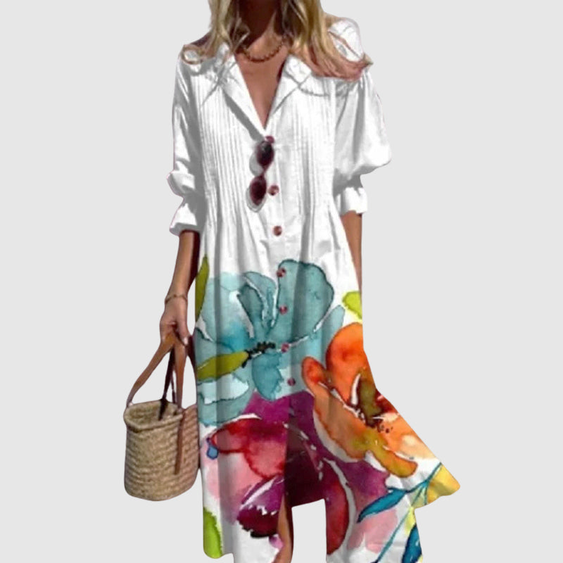 Denise - Women’s Printed Maxi Dress with Buttons