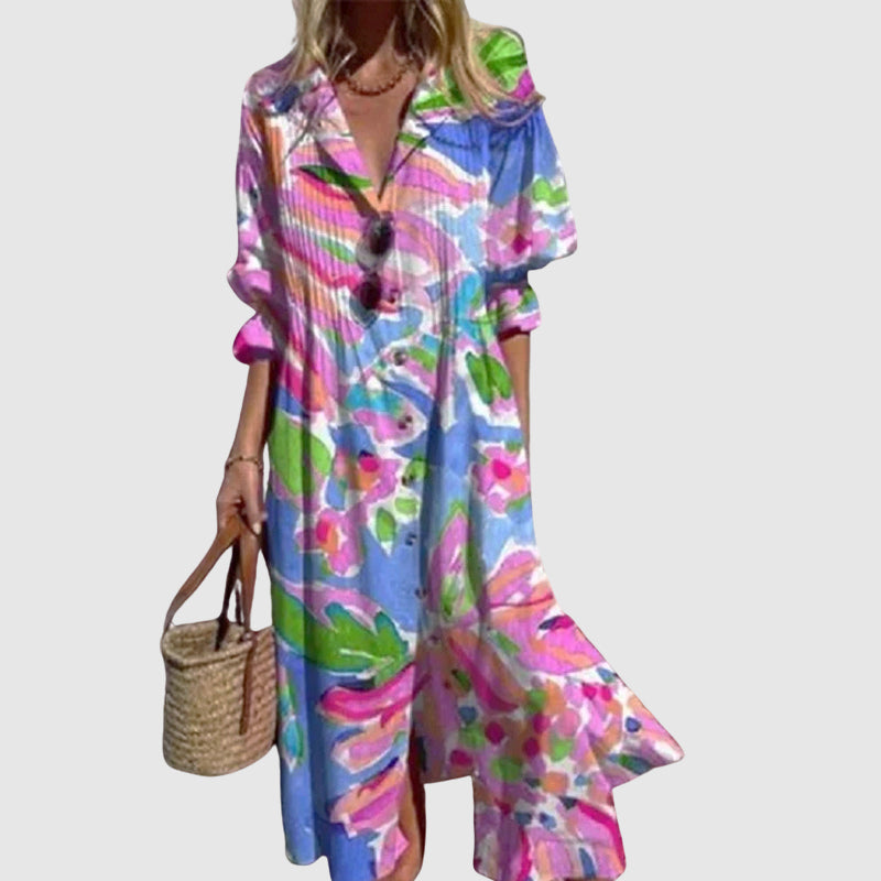 Denise - Women’s Printed Maxi Dress with Buttons