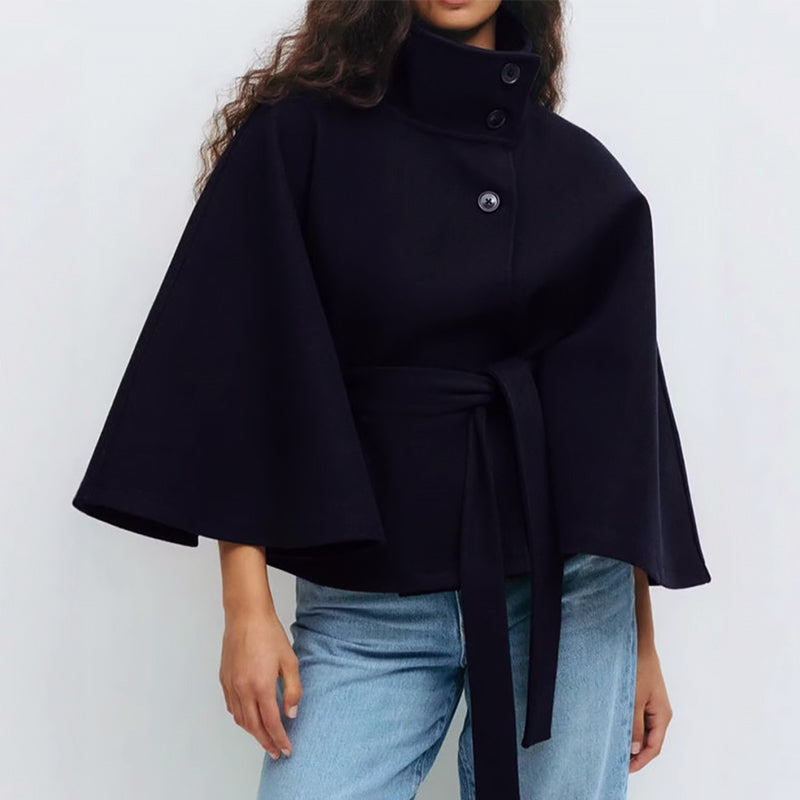 High-Neck Cape Coat for Women with Tie Belt