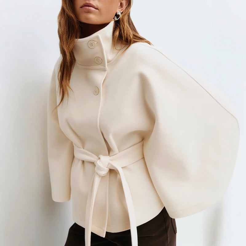 High-Neck Cape Coat for Women with Tie Belt