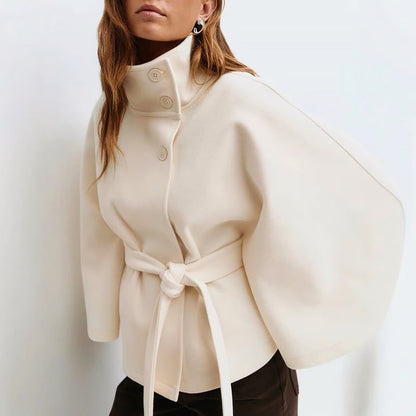 High-Neck Cape Coat for Women with Tie Belt