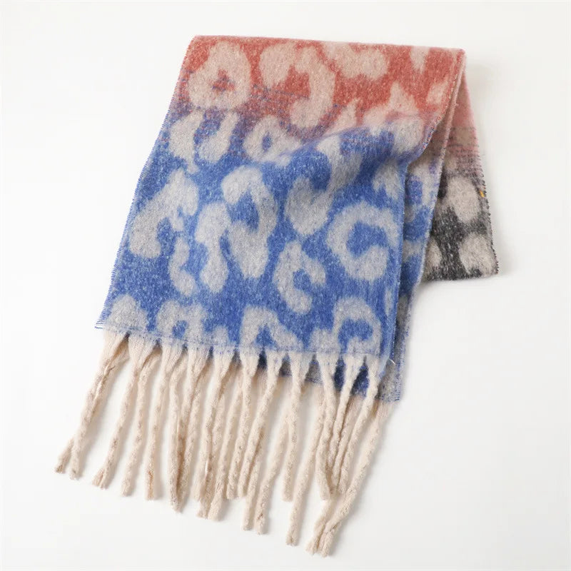 Leopard Print Long Scarf with Fringed Ends