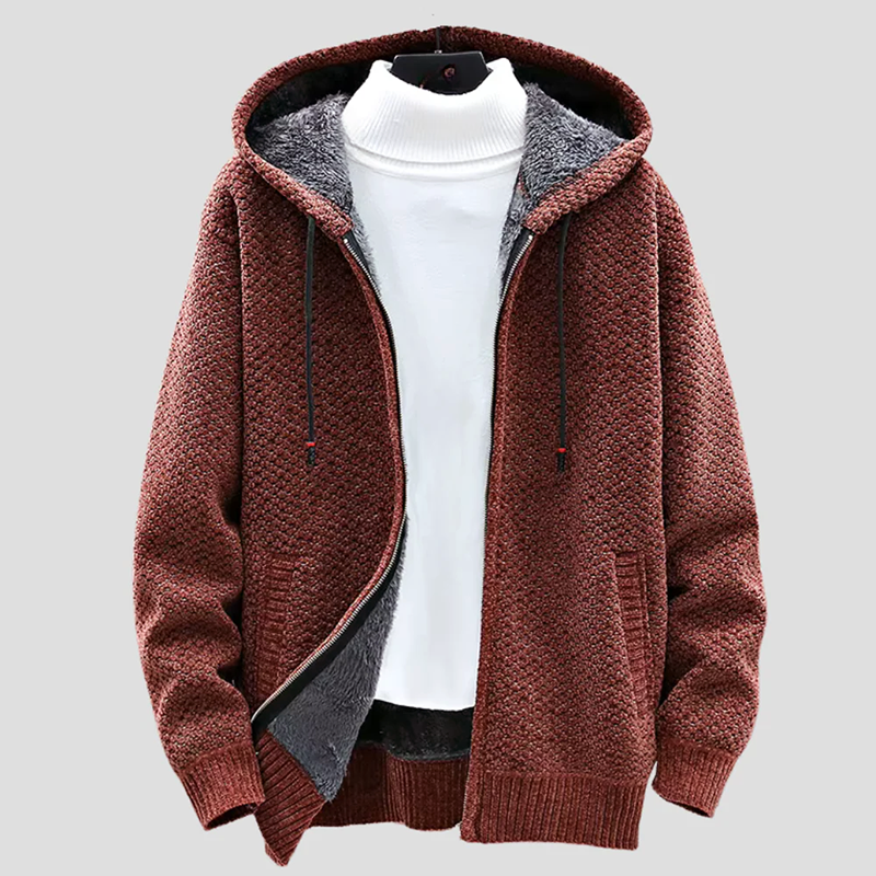Men’s Textured Knit Zip Hoodie with Fleece Lining