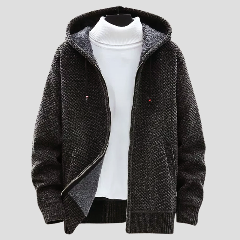 Men’s Textured Knit Zip Hoodie with Fleece Lining