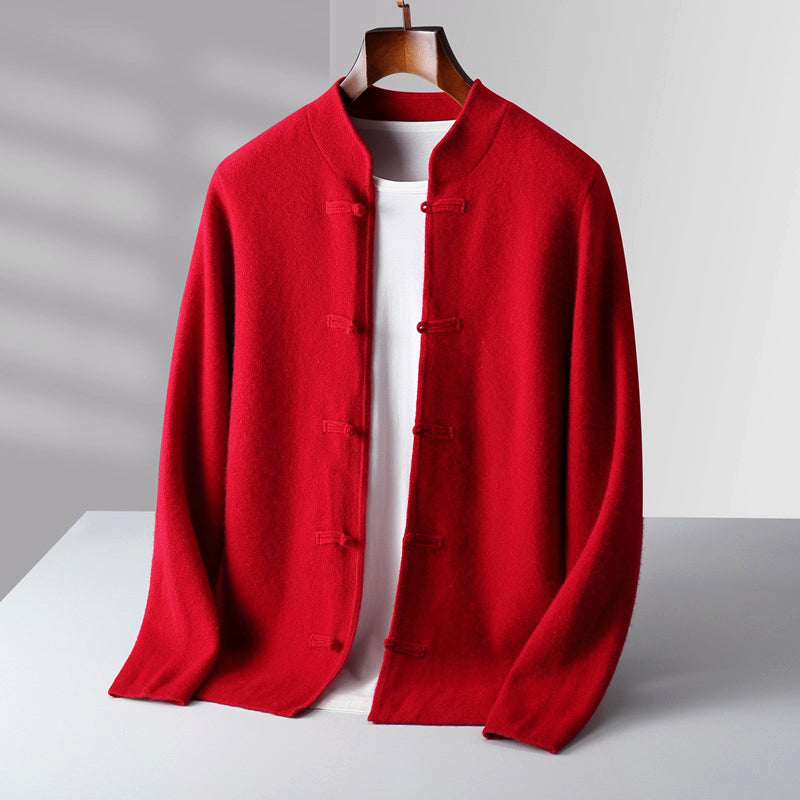 Men’s Wool Cardigan with Stand Collar and Loop Buttons