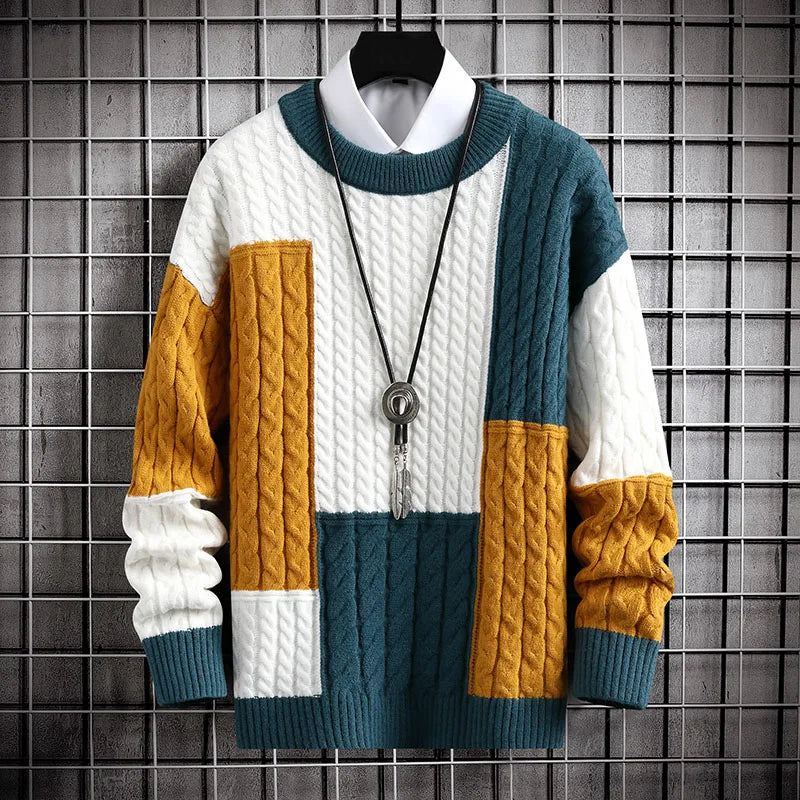 Patchwork Cable Knit Sweater for Men with Round Neck