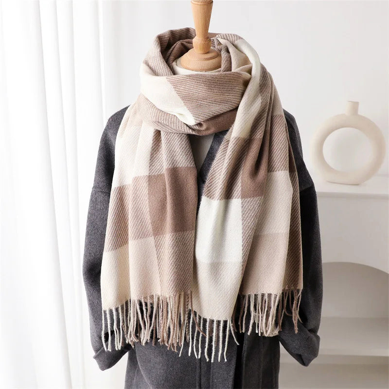 Plaid Winter Scarf with Fringe Ends