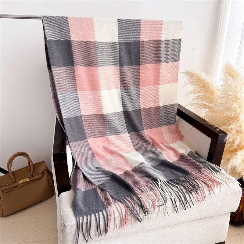 Plaid Winter Scarf with Fringe Ends