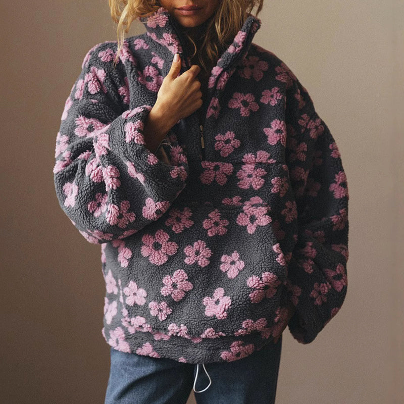 Women’s Cozy Floral Fleece Sweatshirt with Half-Zip