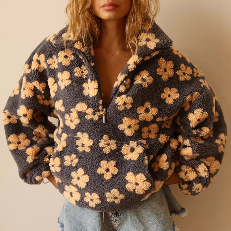Women’s Cozy Floral Fleece Sweatshirt with Half-Zip