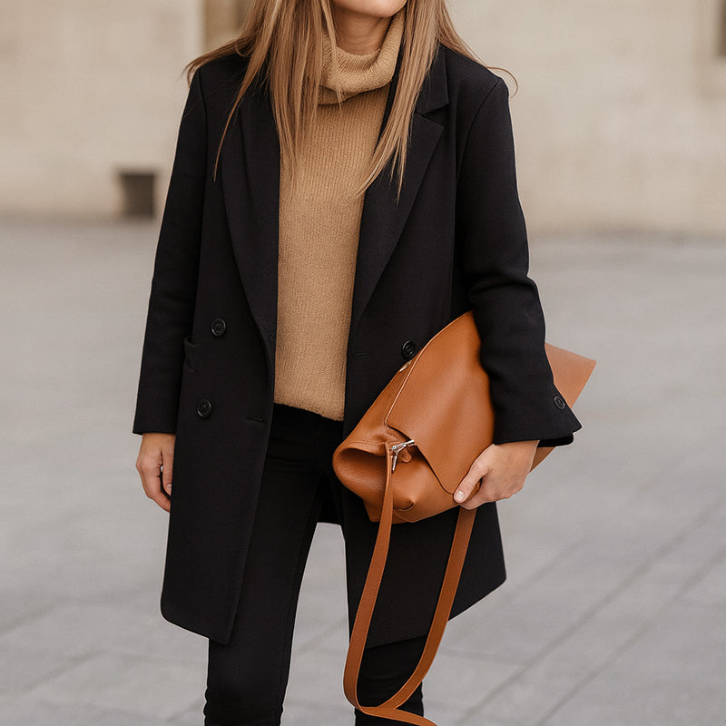 Women’s Double-Breasted Long Coat with Notched Lapel
