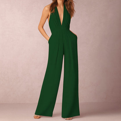 Women’s Elegant Halter Jumpsuit with Deep V-Neckline