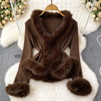 Women’s Elegant Ribbed Top with Fur Detailing