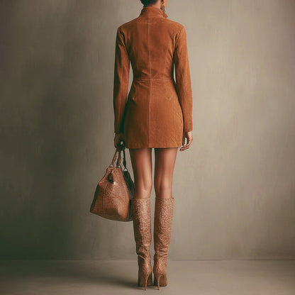 Women’s Fitted Suede Mini Dress with Long Sleeves