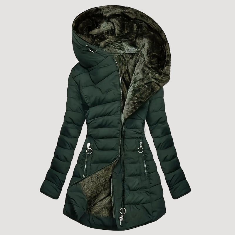 Women’s Hooded Long Puffer Coat with Plush Inner Lining