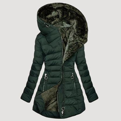 Women’s Hooded Long Puffer Coat with Plush Inner Lining