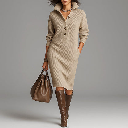Women’s Mid-Length Knit Dress with Long Sleeves