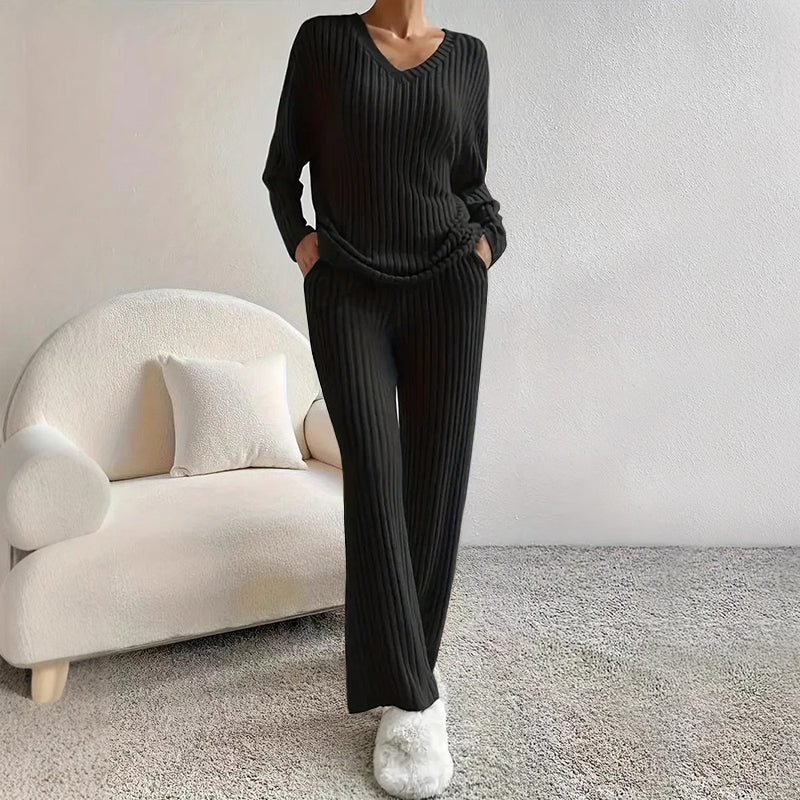 Women's Ribbed Lounge Set with Top and Wide-Leg Pants