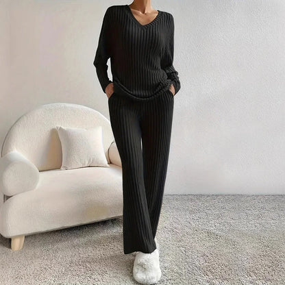Women's Ribbed Lounge Set with Top and Wide-Leg Pants